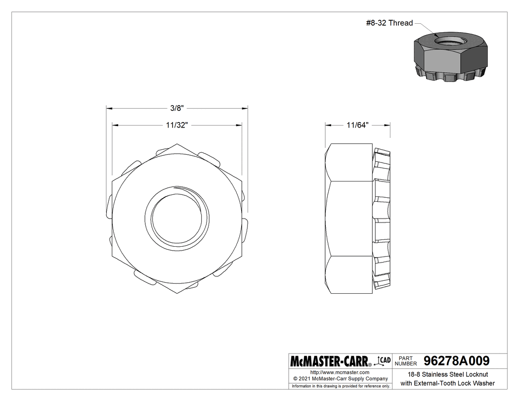 Technical Drawing of 18-8 Stainless Steel Locknut with External-Tooth Lock Washer, 8-32 Thread Size.
